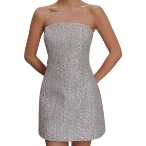 MESHKI - Gala Strapless Tweed Mini Dress - Silver - NWT - Size Large